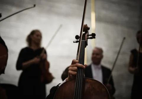 Violin i närbild och stråke. Silhuett av stråkmusiker i bakgrunden.